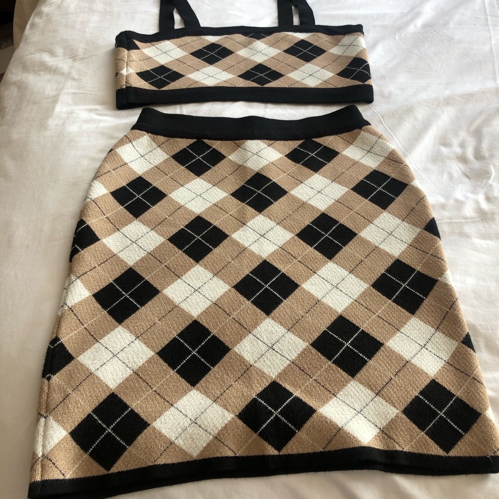Coco and Shay Argyle knit Two Piece Set -Crop Top and Skirt Black,White, and Tan